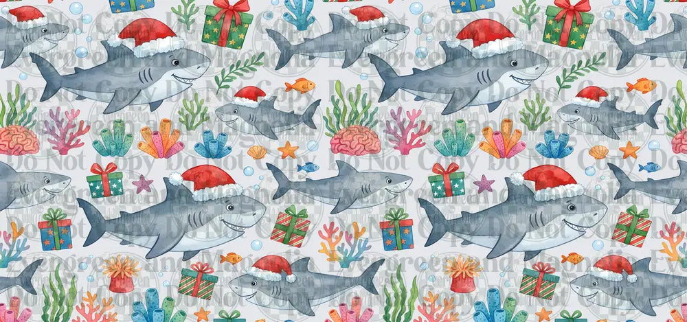 Watercolor Christmas Sharks Santa Hats Coral Ocean Pattern