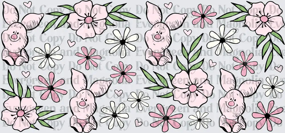 Pink Cartoon Piglet Floral Pattern with Hearts and Daisies