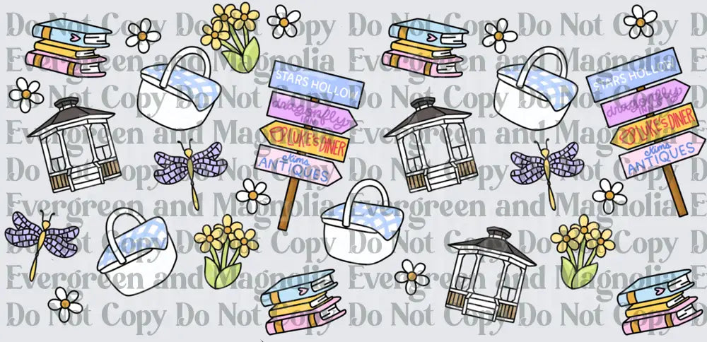 Stars Hollow Town Sign Collage Pastel Doodle Pattern